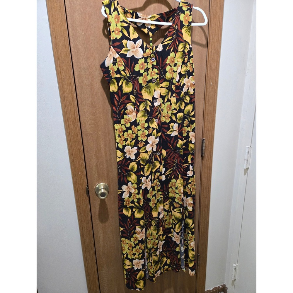 Scarlett Maxi Dress Women 12 Black Floral Excellent Vintage 90s Rayon Button Up